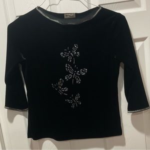 Beautiful black velvet top with silver dragonflies